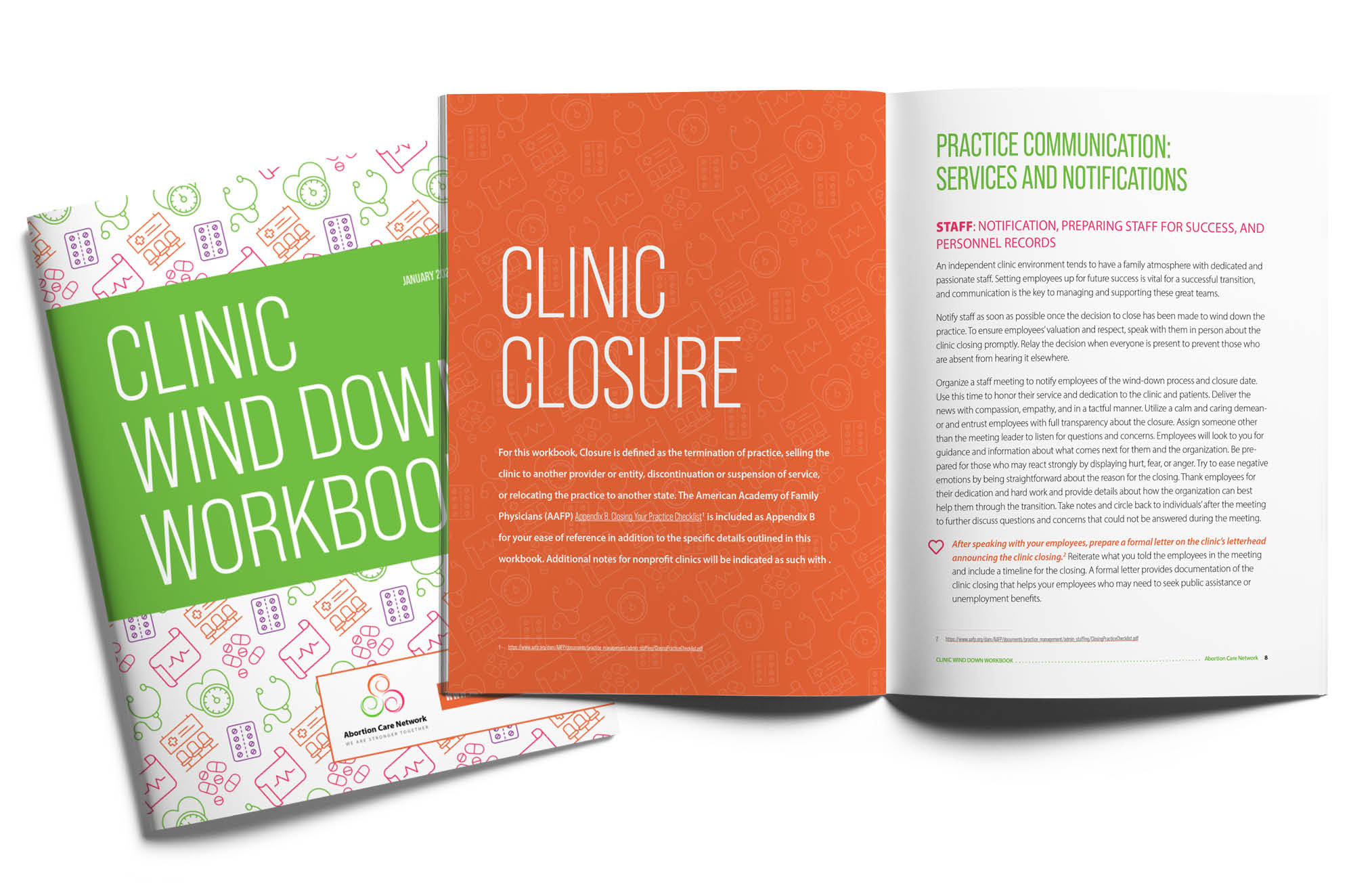 The cover and an inside spread of the Clinic Wind Down Workboook, which guides clinic staff through the processes of shuttering.