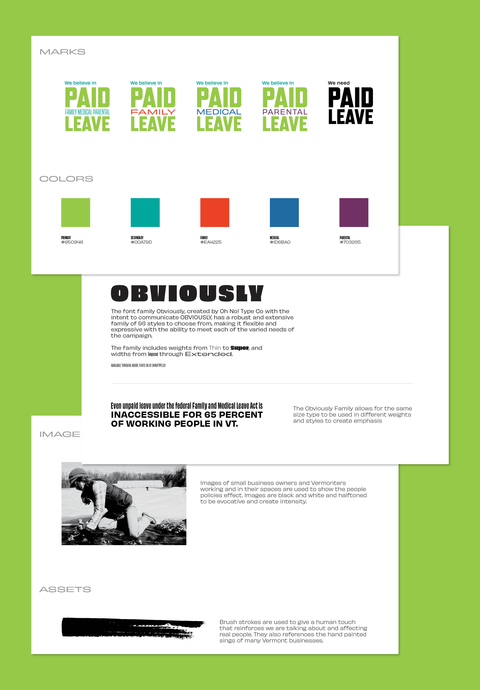 A Sample of three pages form the We Believe in Paid Leave campaign brand guide outlining alternative logo marks, colors, fonts, and guidance for image usage.